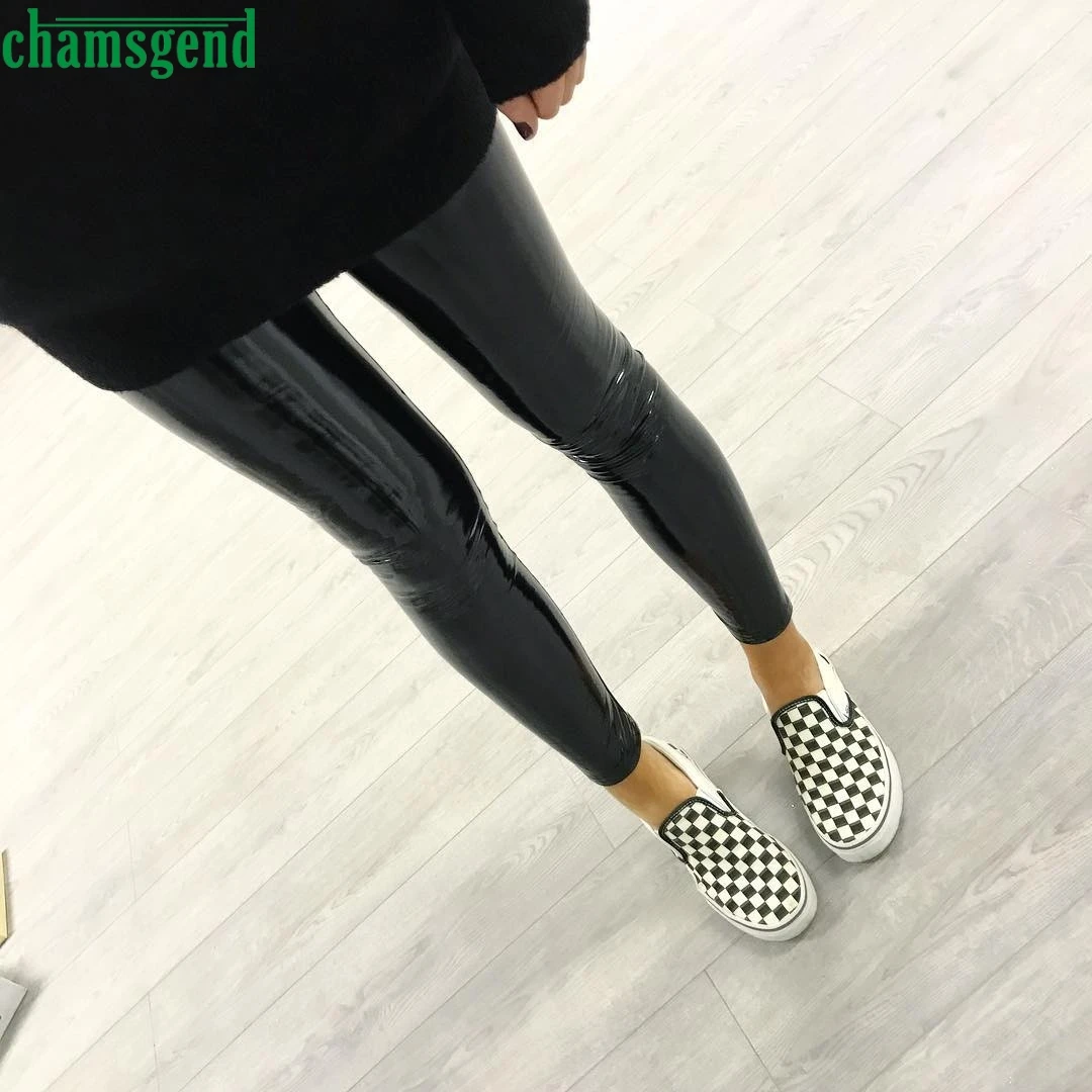 CHAMSGEND, эластичные штаны для йоги, светоотражающие кожаные женские леггинсы для фитнеса, летние повседневные штаны-комбинезон, штаны с высокой талией и карманами