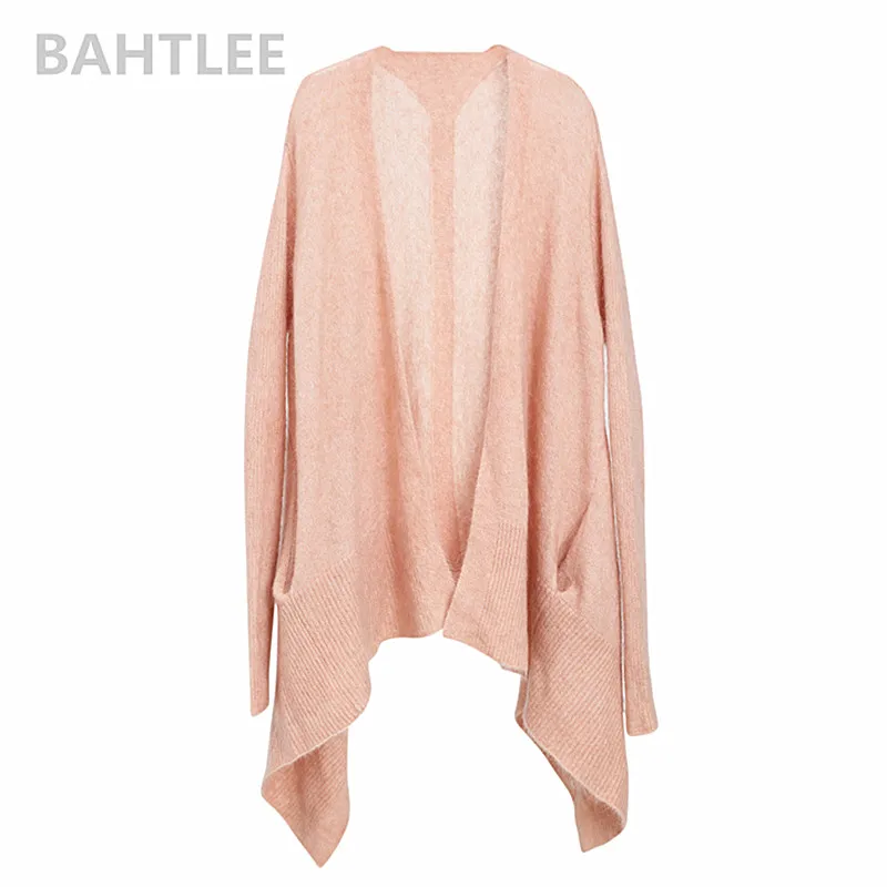 Pink BAHTLEE Демисезонный женский мохер кардиган вязаный сплошной с длинными рукавами шерстяное Пальто Повседневное ленивый свободный стиль дизайн - Цвет: Pink