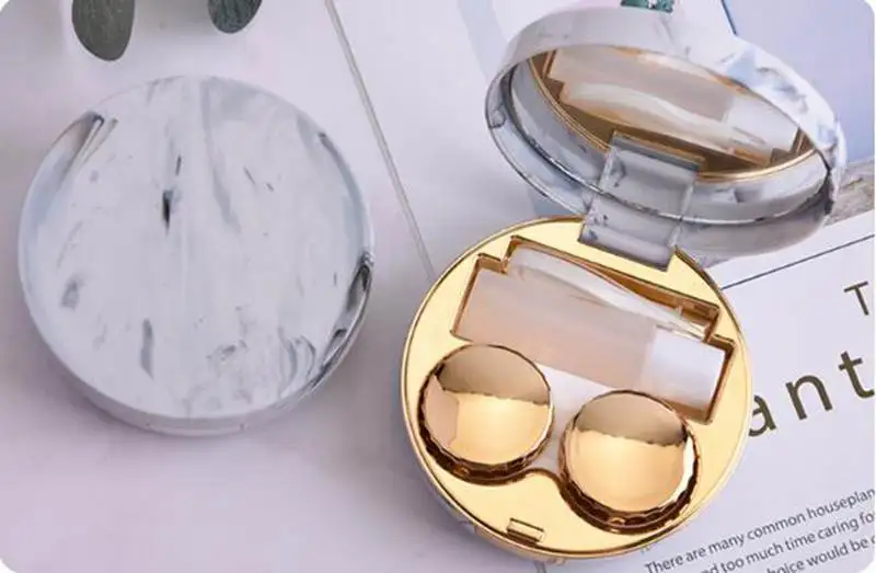 round gold Мраморная поверхность квадратная круглая зеркальная крышка контактные линзы Чехлы женские глазные контакты коробка контейнер милый дорожный набор коробка - Цвет: round gold