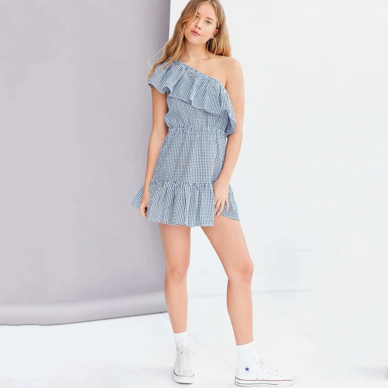 Vaguelette рябить plaid dress мини boho стиль sexy женщины с плеча пляж симпатичные новое