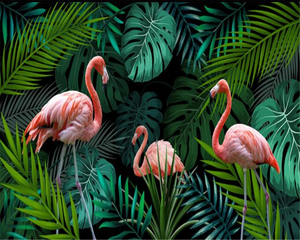 beibehang papel de parede Custom Wallpaper Wall Stickers Hand green drawn tropical rain forest flamingo Mural 3d wallpaper | Обустройство