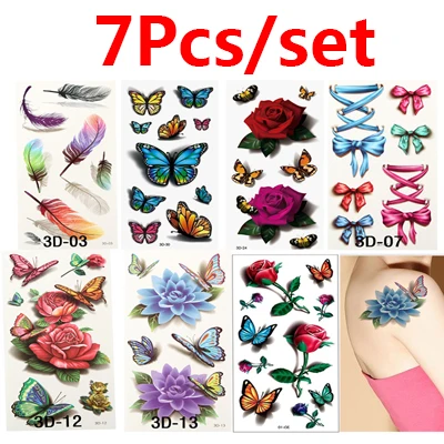 style A 7pcs Временные татуировки наклейки Переводные татуировки для боди-арта крутые 3D водонепроницаемые Временные татуировки для девочек Цветочные татуировки - Цвет: style A 7pcs
