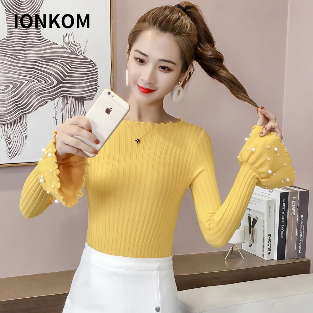 Женский вязаный свитер с круглым вырезом IONKOM пуловер рукавами-фонариками и