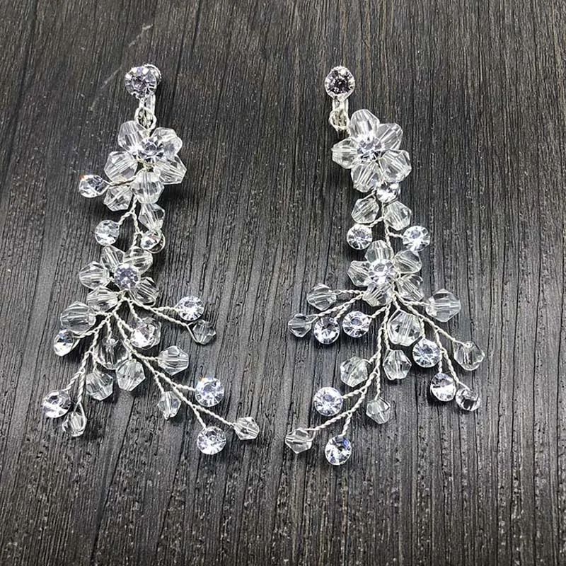 SLBRIDAL Стразы ручной работы кристалл жемчуг Клип на свадебные серьги с подвесками Свадебная люстра серьги Модные женские Девушки Ювелирные изделия