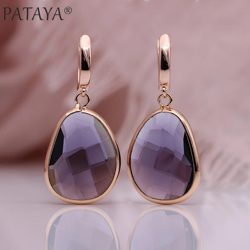 Dark Purple PATAYA новые необычные длинные висячие серьги с зеленым Искусственным цирконием, 585 розовое золото, женские изящные свадебные вечерние Простые Модные ювелирные изделия - Окраска металла: Dark Purple