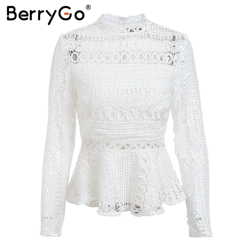 BerryGo элегантная кружевная белая блузка с баской и рюшами женская рубашка длинным