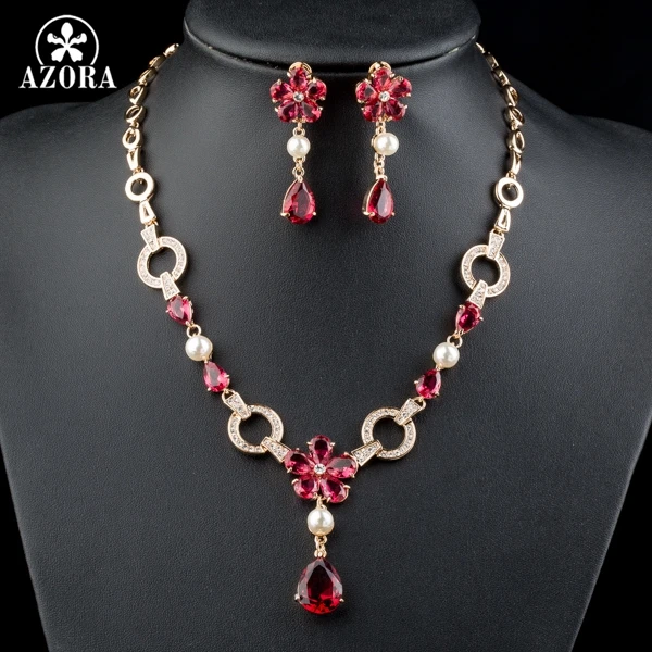 AZORA золотые Гранат цветок CZ капли воды кулон ожерелье и серьги ювелирные наборы