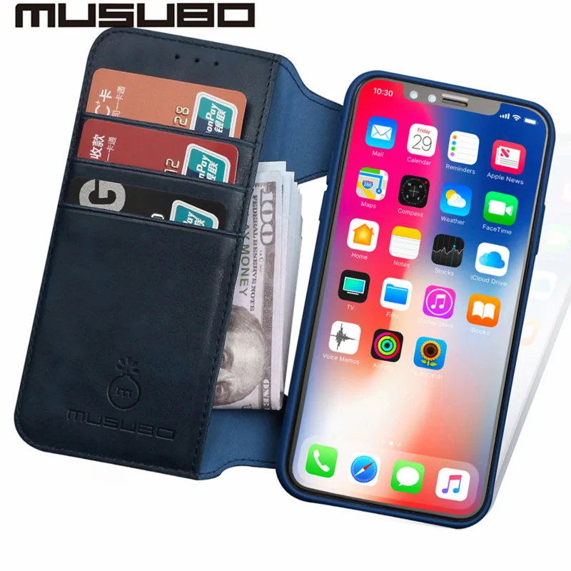 Синий Musubo, роскошный кожаный чехол для iphone X, флип-чехол, силиконовый чехол, для iphone 8 Plus, 7, 6, 6s Plus, ТПУ, кошелек, держатель для карт, съемный - Цвет: Синий