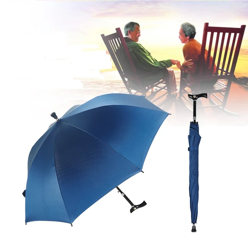 Auto open,unbreakable self-defense adjustable crutch climbing umbrella,double-bridge fiberglass old man's umbrella,200kg allowed