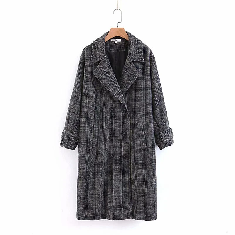 Женское осенне-зимнее винтажное клетчатое длинное пальто дамские приталенные