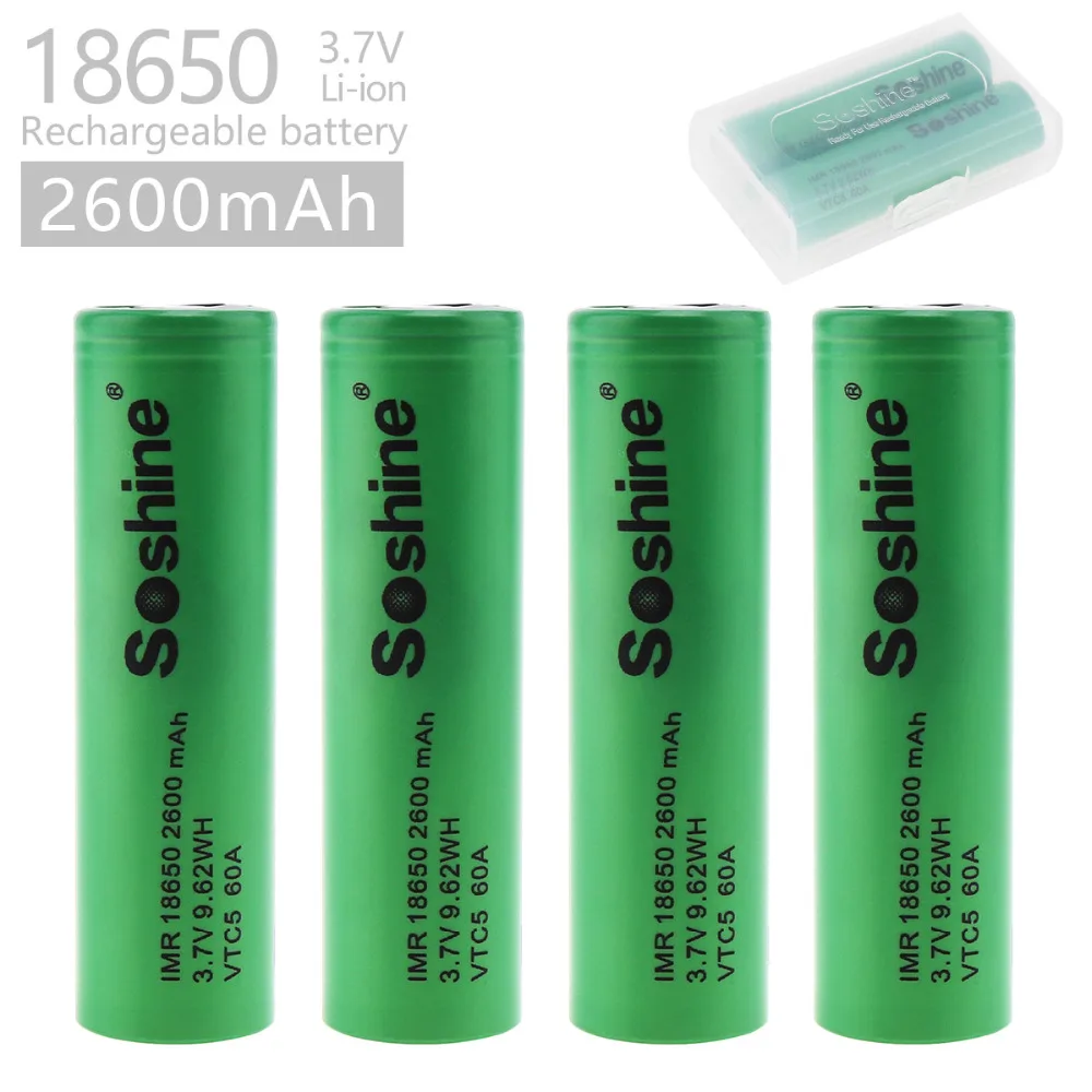 4 шт. аккумуляторная батарея Soshine IMR 18650 2600 мАч 3 7 В 9 62 Вт/ч VTC5 60A с низким