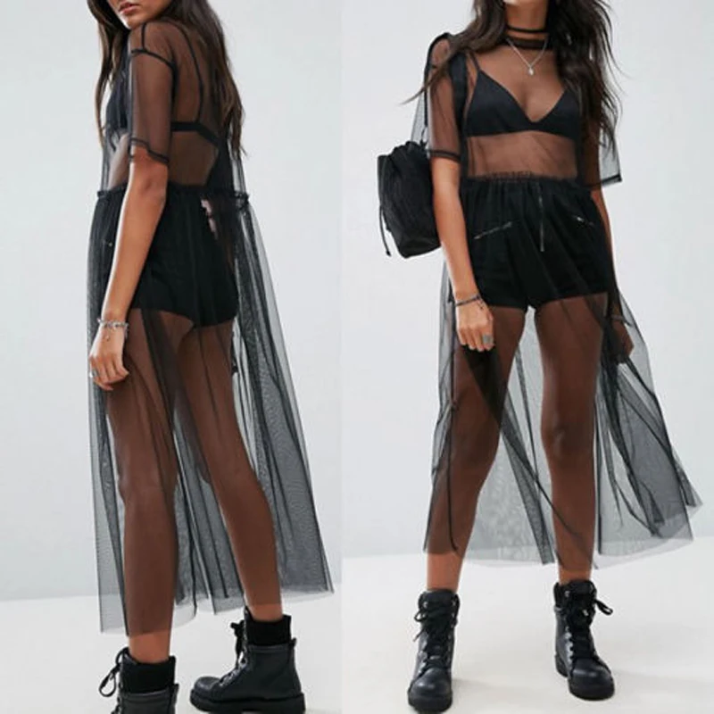 Женское прозрачное длинное Сетчатое платье черное Макси из фатина кружевные