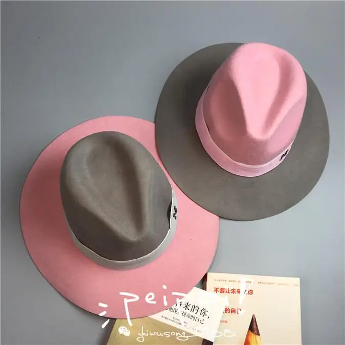 Элегантные зимние женские букву м шерсть Джаз Fedoras Hat розовый шляпа для женщин дамы большой полями ковбойской Панама Fedoras Hat