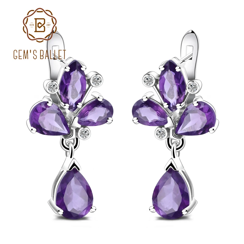 Серьги подвески женские из серебра 925 пробы с натуральным фиолетовым аметистом
