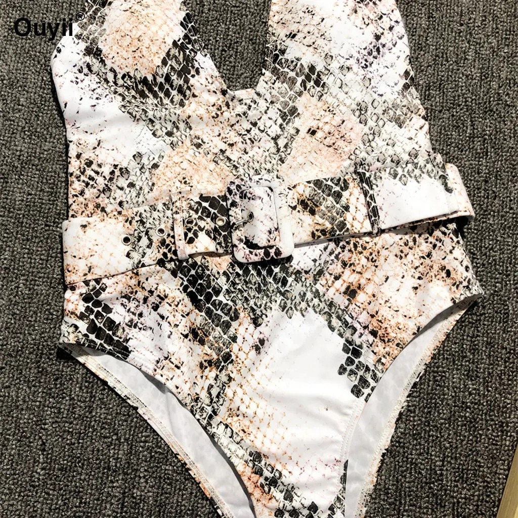 2019 бикини цельный купальник со змеиным принтом пояс для с пряжкой Цельный