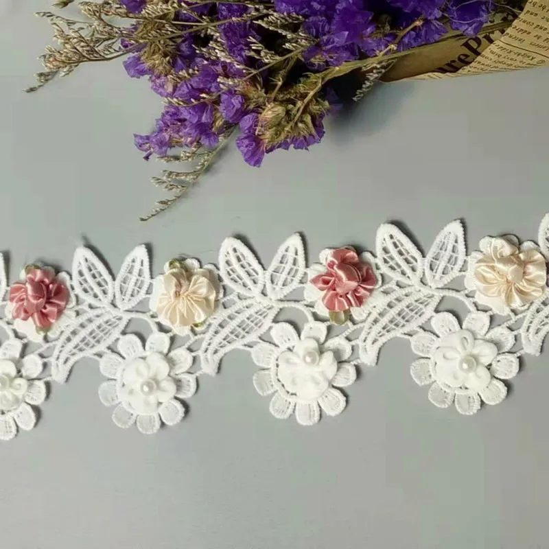 10X растворимых белых и розовых жемчужин цветок розы вышитая кружевная отделка
