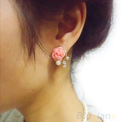 Korean Style OL Pink Rose Flower Shiny Crystal Rhinestone Pearl Stud Earrings 00UP | Украшения и аксессуары