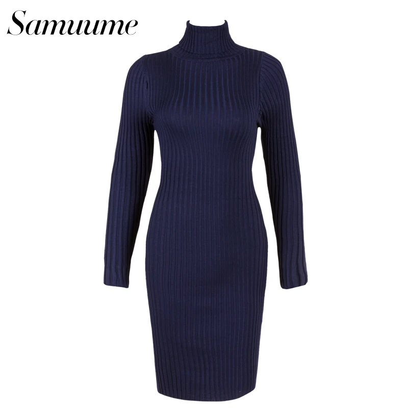 Samuume Elegant Long Sleeve Turtleneck Knitted Dress Autumn Warm Bodycon Winter Wrap Pencil Sweater Dresses Vestido A1708050 | Женская