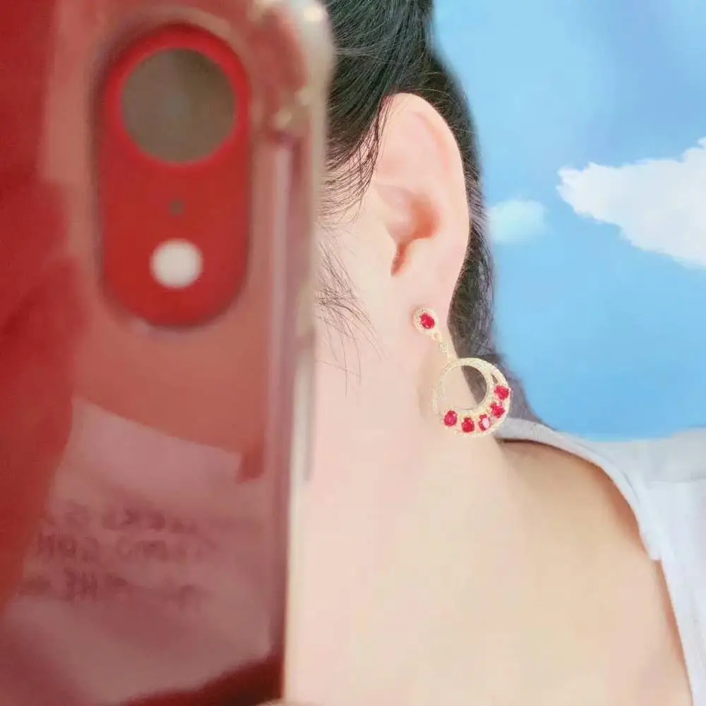 

shilovem 925 sterling silver Natural Ruby Stud Earrings fine Jewelry trendy women party gift new 3*4mm de0304110agh