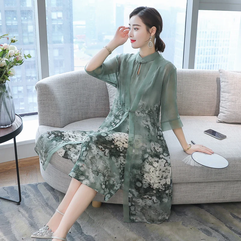 Зеленый Шелковый комплект из 2 предметов платье трапециевидной формы костюмы