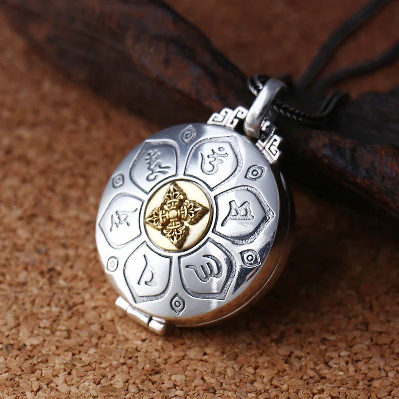 925 sterling silver Vintage pendant Chinese style Om mani padme hum Kwu box for men and women fashion jewelry can opene | Украшения и