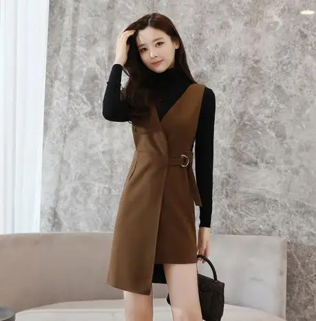 Ropa mujer зимнее женское платье в Корейском стиле из двух частей с v образным вырезом