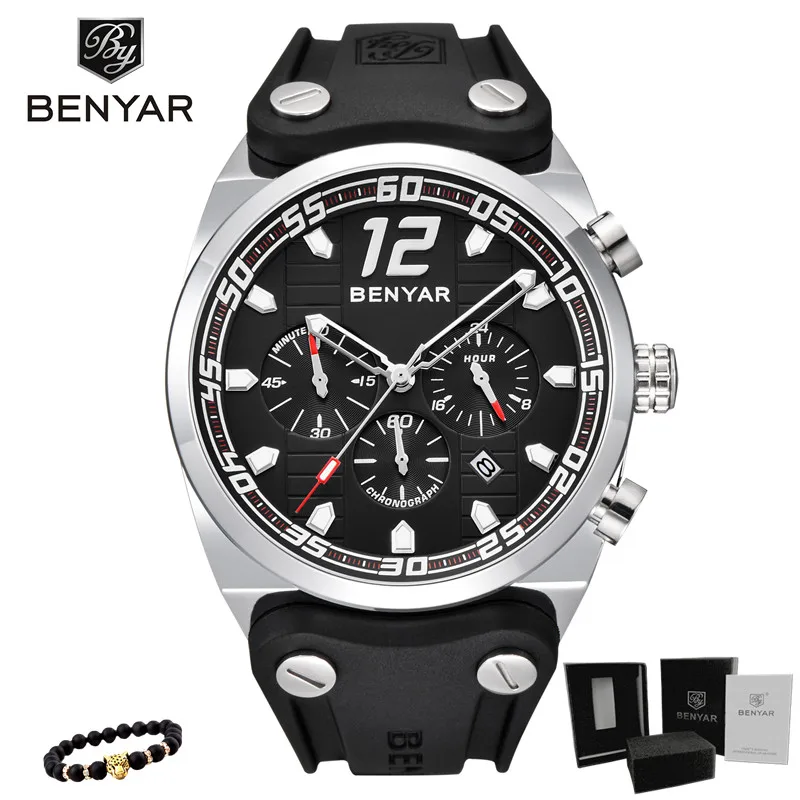 5131-Silver Black Новые BENYAR мужские часы спортивные/Военные/Кварцевые/часы мужские часы лучший бренд Роскошные мужские часы с хронографом Relogio Masculino - Цвет: 5131-Silver Black