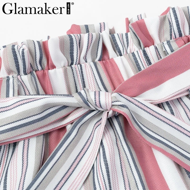 Женские шорты с высокой талией Glamaker свободные весенние в полоску оборками и