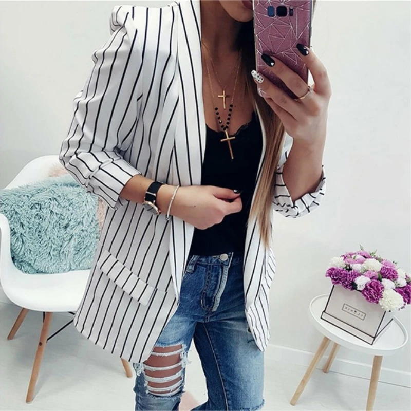 Женский приталенный Блейзер в полоску белый офисный блейзер с вырезами спереди