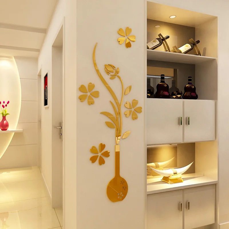 3D акриловый зеркальный настенный стикер для вазы и сливы художественный задник