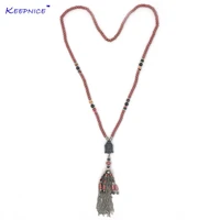 new handmade bohemia jewelry pink stone beads long fringe necklace buddha pendent necklace tibetan buddhism ethnic necklace
