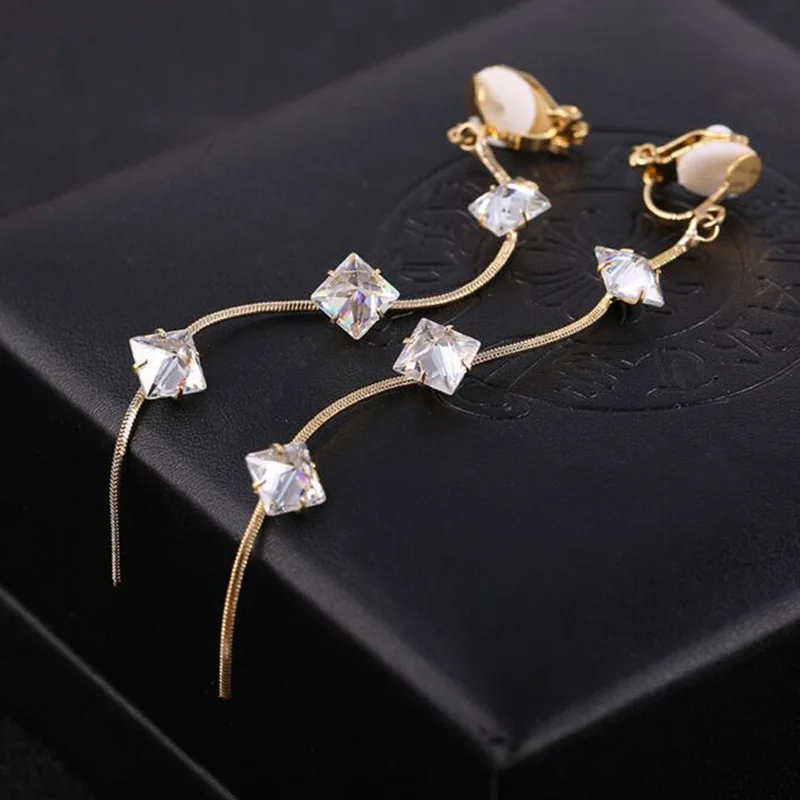 gold ear clip Бренд Grace Jun, высокое качество, золотой цвет, квадратные AAA CZ длинные клипсы, серьги без пирсинга для женщин, вечерние, очаровательные клипсы для ушей, горячая распродажа - Окраска металла: gold ear clip