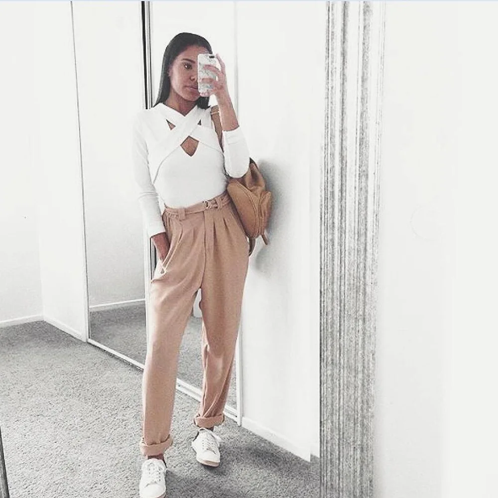 Мода 2017 г. осень с ремешком крест Блузки белого и черного цвета пикантные Для