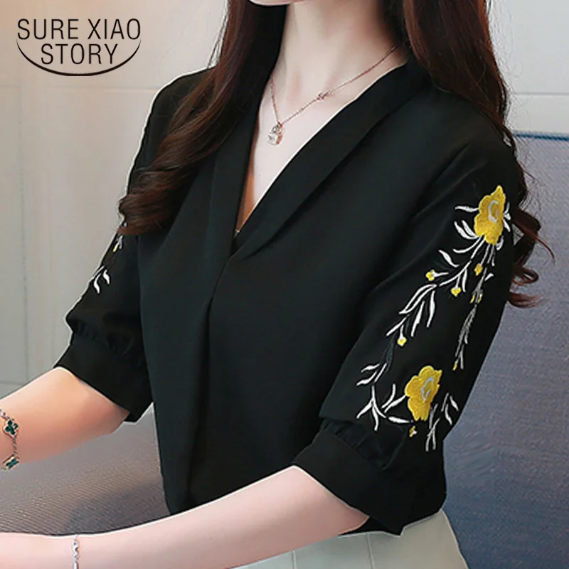 Женская одежда женские блузки 2019 Цветочная шифоновая блуза с вышивкой офисная v