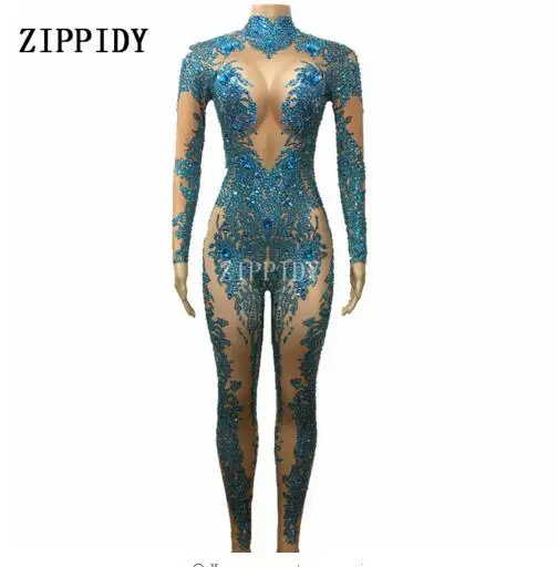 Fashion Blue Stones Sparkly Jumpsuit Sexy Nude Stretch Dance Costume One-piece Bodysuit Nightclub Oufit Party Leggings