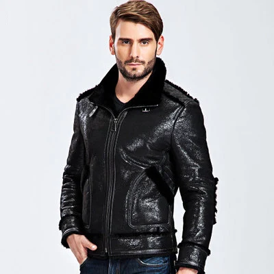 Мужская куртка из натуральной овечьей кожи черная теплая мотоциклетная с