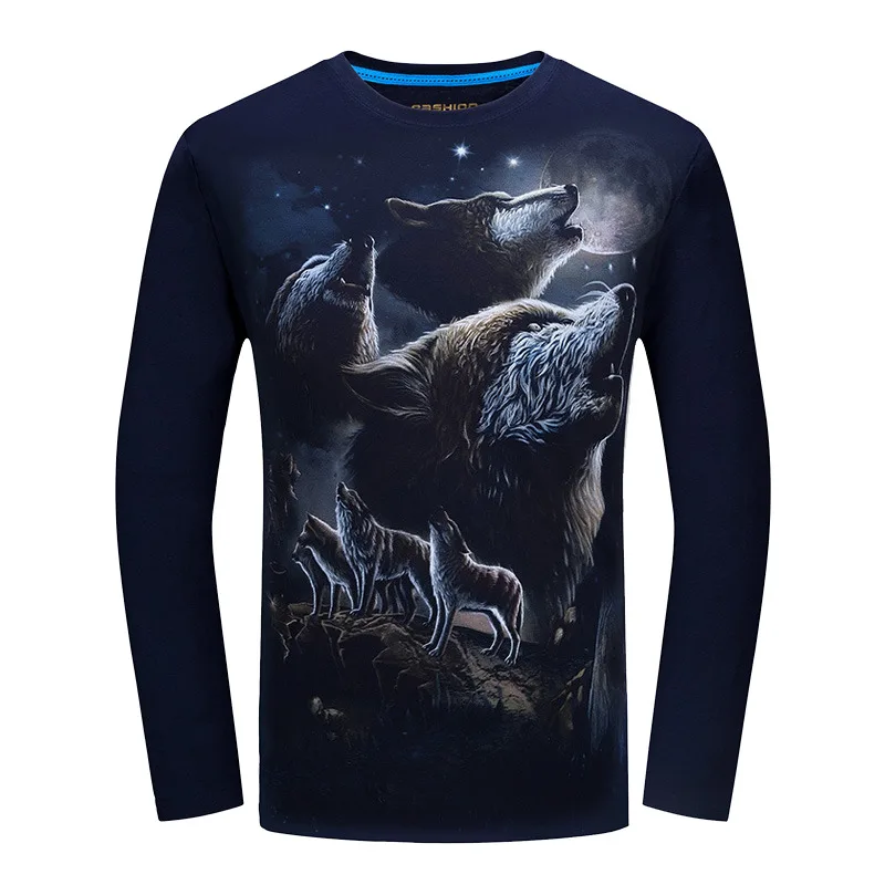 2018 Cheapest Fashion Men t-shirt long sleeve cool design 3d funny t shirt homme Wolf Printed casual top Plus Size 6XL wholesale