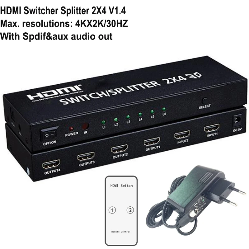 4K 2X4 with audio 4K HDMI 2X2 переключатель разветвитель Матрица 2X4 5X1 Коммутатор HDMI с пультом дистанционного управления и блок питания для STB, синий dvd-плеер, 4K HDTV - Цвет: 4K 2X4 with audio