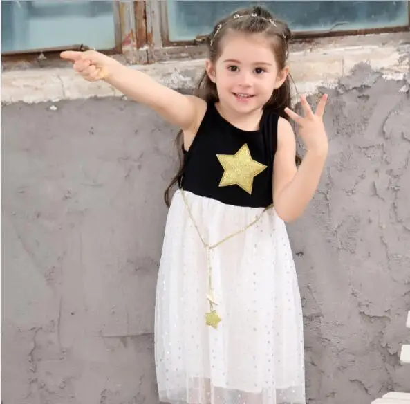 Summer shining gold silver pentacle star lacing mesh sleeveless vest baby girls princess chiffon dress kid children | Детская одежда и