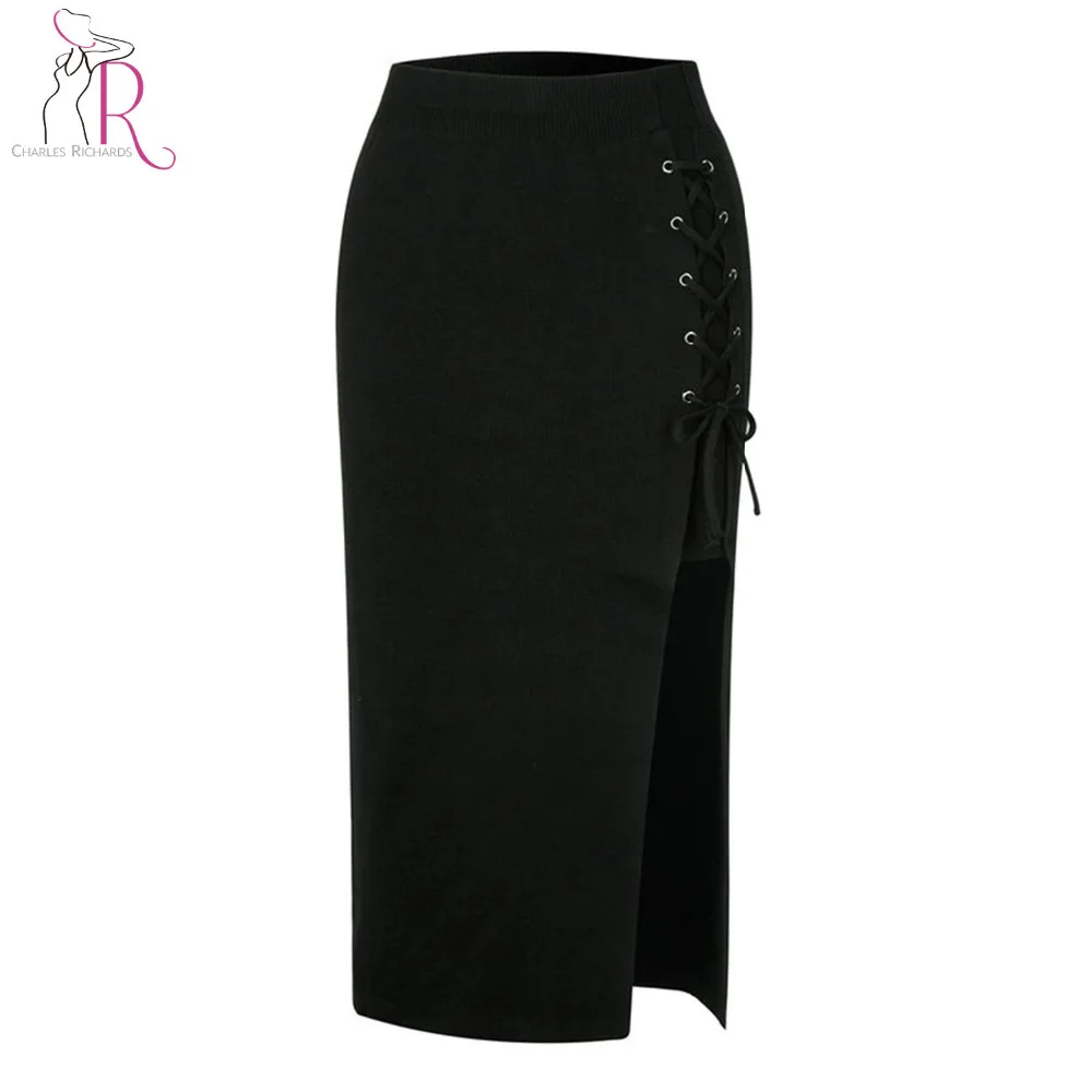 Черно серая кружевная Асимметричная трикотажная юбка карандаш со шнуровкой 2017