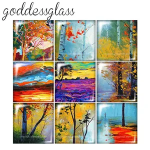FB0315 картины маслом Пейзаж Деревья 10 шт. Смешанные 12 мм20 мм25 мм30 мм квадратные фото стекло кабошон демонстрация плоская задняя сторона