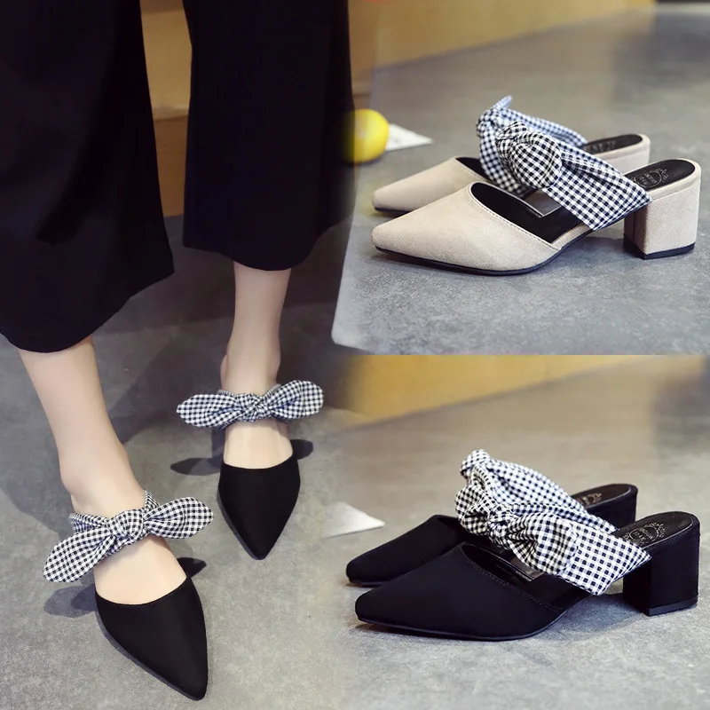 Европейский бренд дизайнерская клетчатая лента шлепанцы Mule женские с бантом