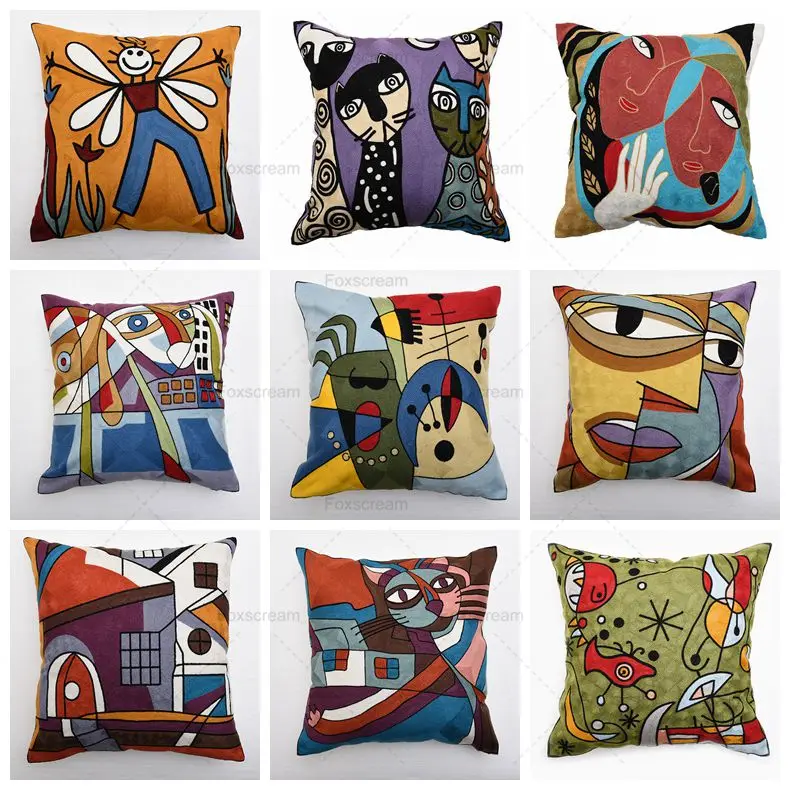 

Embroideried Cushions Covers Embroidery Picasso Abstract Paintings Cushion Cover Red Blue Throw Embroidery Decorative Pillows