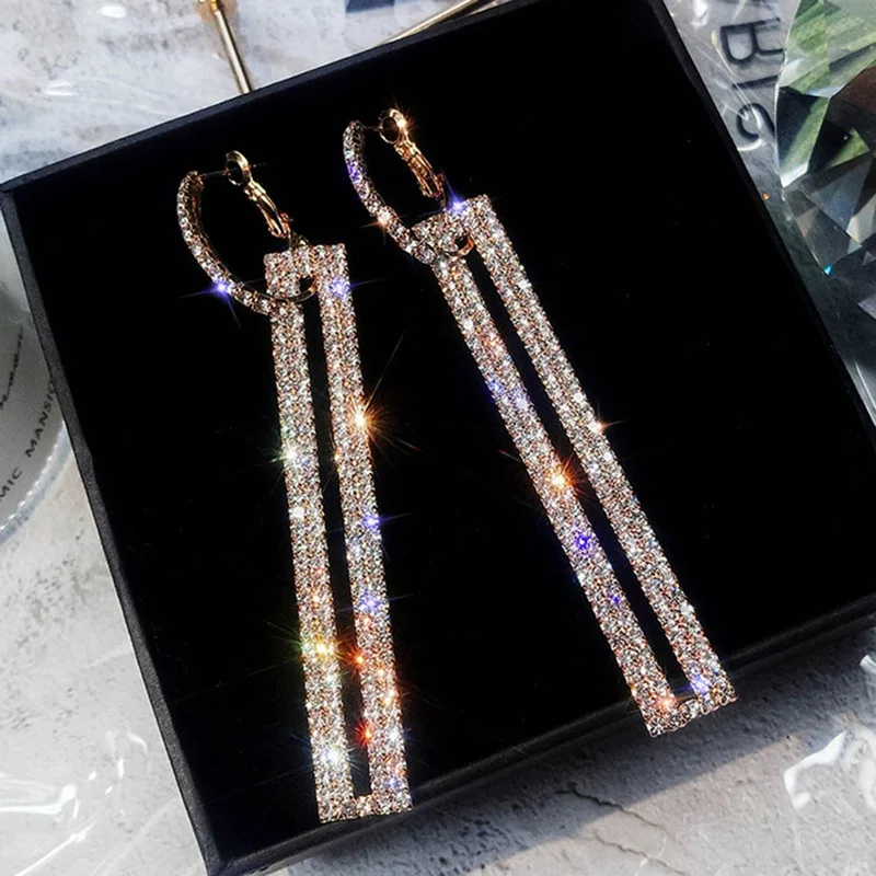 Exaggerated Geometric Rhinestone Drop Earrings Long Crystal Rectangle Dangle For Women Jewelry Gift | Украшения и аксессуары