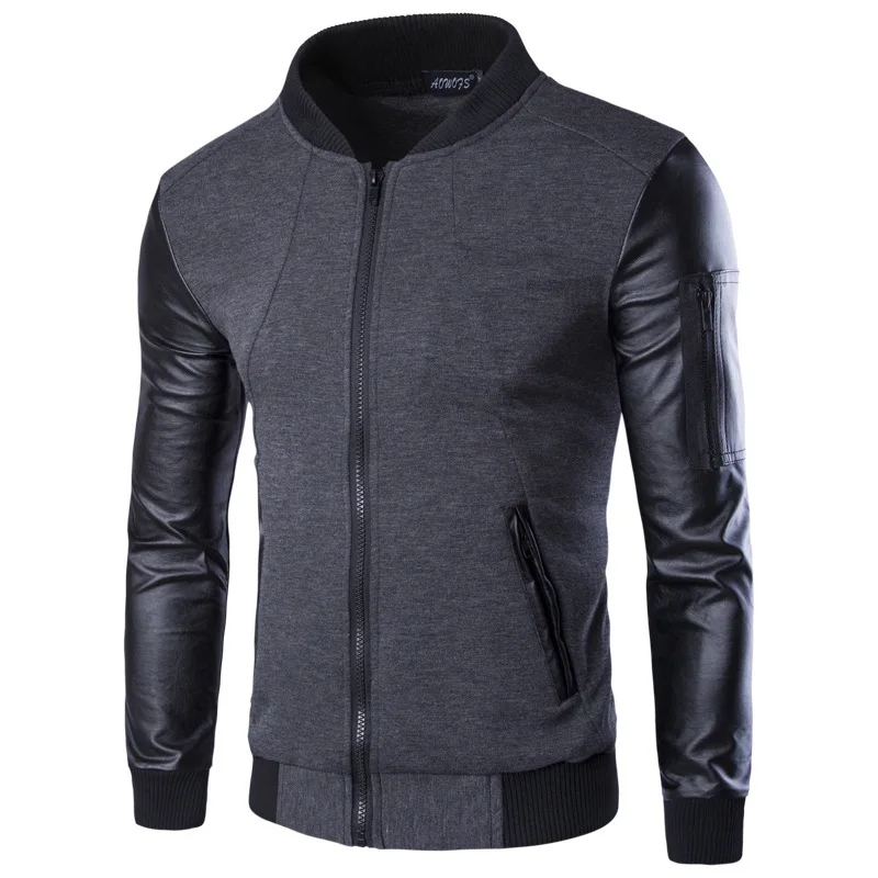 

Mens Bomber Jacket Patchwork Leather Jacket Autumn Male Slim Standing Collar Zipper PU Baseball Coat Motorcycle Outerwear
