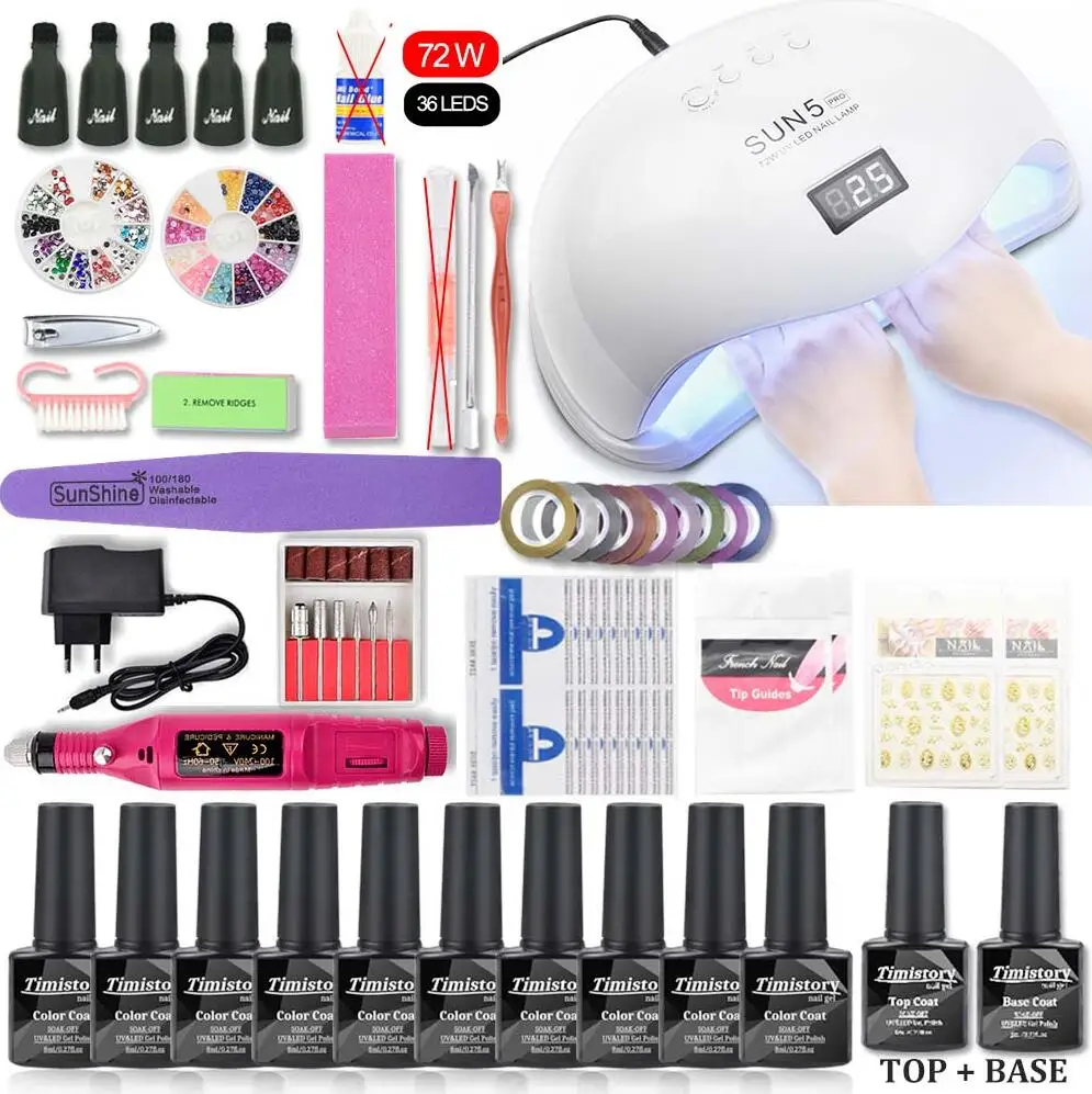 72W SET WITH GEL Маникюрный набор, набор гель-лаков для ногтей, базовое верхнее покрытие, наборы для ногтей 36 Вт/54 Вт/72 Вт, УФ светодиодная лампа, набор для ногтей, электрическая дрель для маникюра, инструмент для дизайна ногтей - Цвет: 72W SET WITH GEL