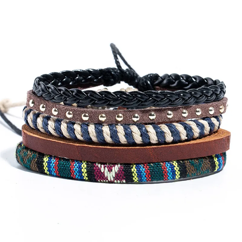B020452B BOHO Тибет Металлический Камень Бисер Многослойный Кожаный Браслет Браслеты Звено Цепи Браслеты для Мужчин Старинные Панк Wrap Браслет - Окраска металла: B020452B