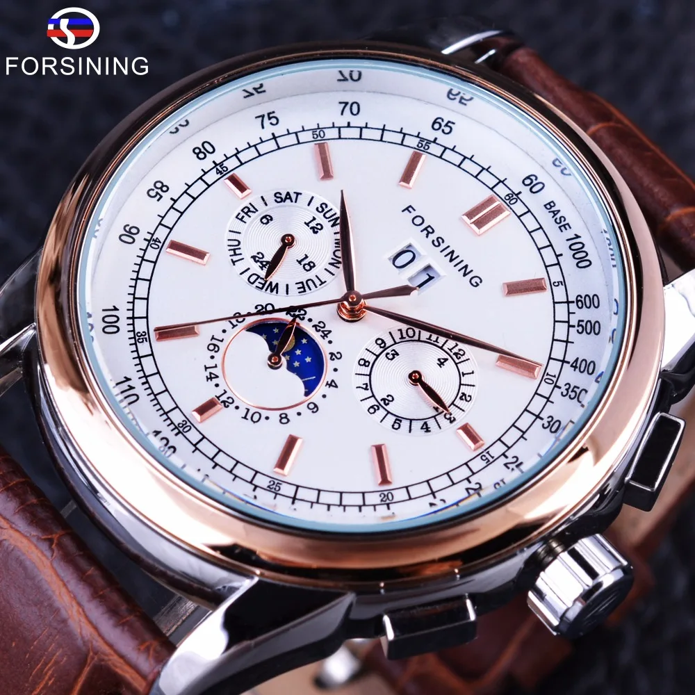 

Forsining Rose Golden Elegant Moon Phase Design Calendar Display Brown Leather Mens Watch Top Brand Luxury Automatic Watch Clock