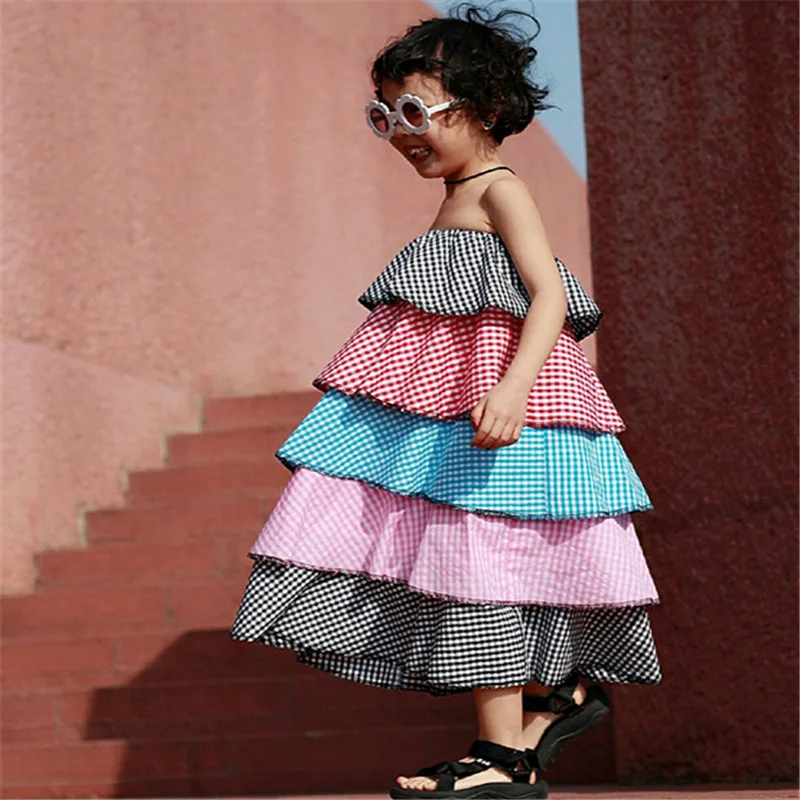 Summer Girls Strapless Dresses Patchwork Plaid Cascading Ruffle Backless Off Shoulder Slim Cake Layered Dress Girl Beach Clothes | Детская
