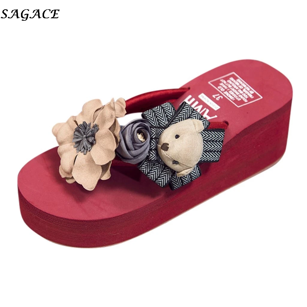 Женские шлепанцы с цветочным принтом SAGACE модные пляжные на танкетке открытым